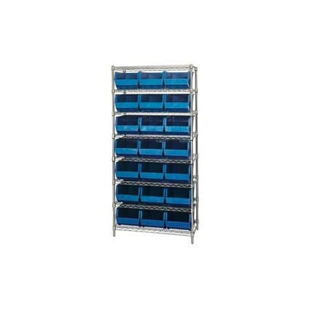 Global Industrial Chrome Wire Shelving With 21 Giant Plastic Stacking Bins Blue, 36x18x74 268930BL